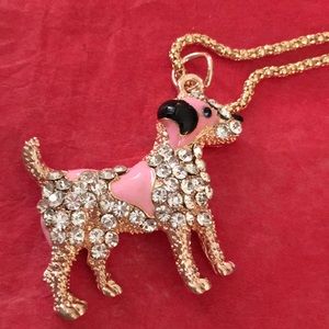 Gold tone pink, black & jeweled dog necklace